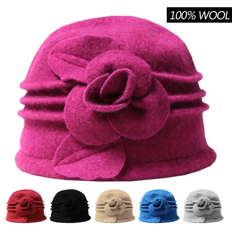 Ladies' Elegant Wool Fisherman Hat - Fashionable Solid Color, Knitted Design with Flower accents, Non Stretchable