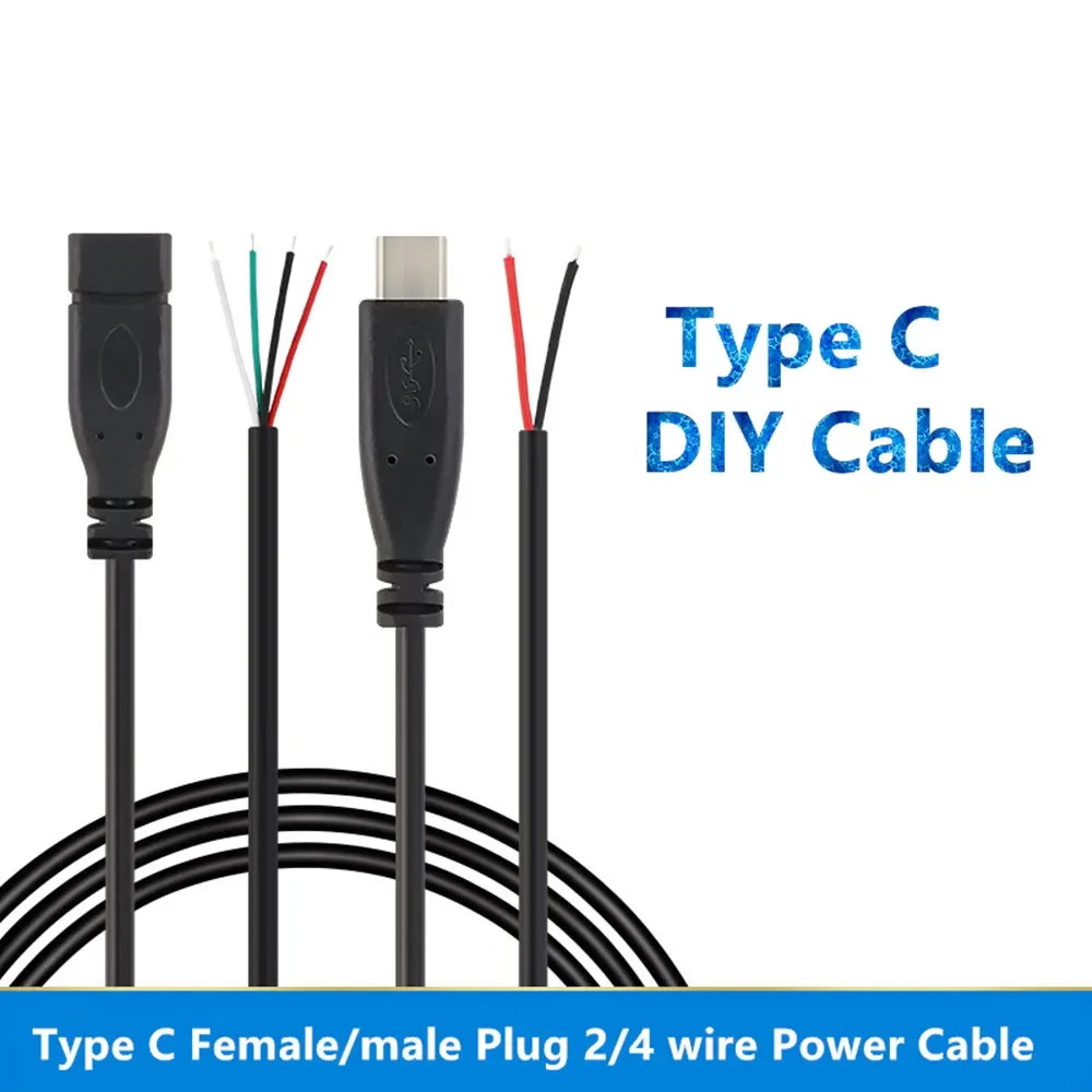 Black Type-C USB Female Male Plug 2 4 Wire Power Cable Cord Stripped Maximum Current 3A for Raspberry Pie DIY 0.3M 1M 2M