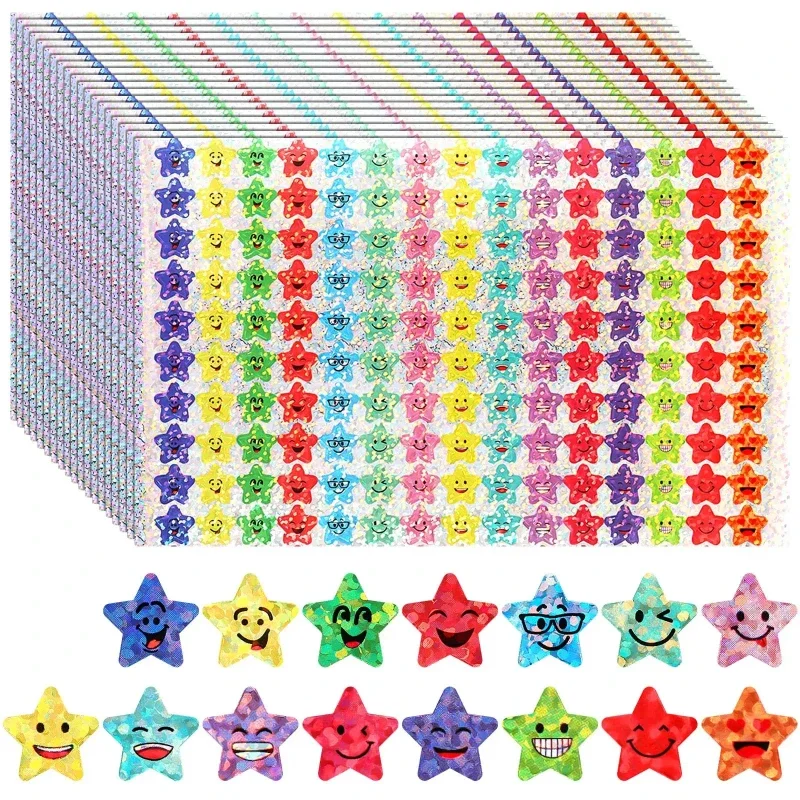 

3000 Pcs Glitter Foil Small Star Stickers,15 Designs Happy Face Stickers for Student Reward