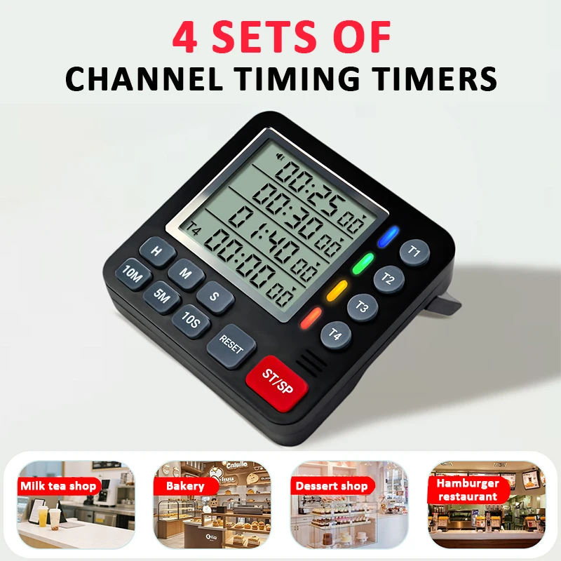 4 Channels Kitchen Timer Count UP/Down Timer 4 Sets of Lights Digital Cooking Timer Cooking Shower Stopwatch with Magnetic Stand