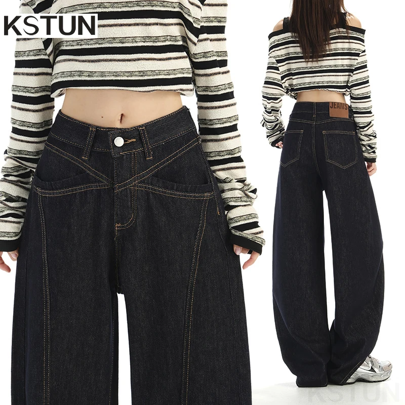 

KSTUN 2026 Women High-Waisted Loose Wide Leg Jeans Dark Blue Vintage Streetwear ‌Women’s Curved Blade Pants Patchwork Trousers