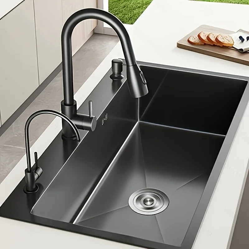 Kitchen sink modern stainless steel hanging sink rectangular design black surface soundproofing function durable easy clean