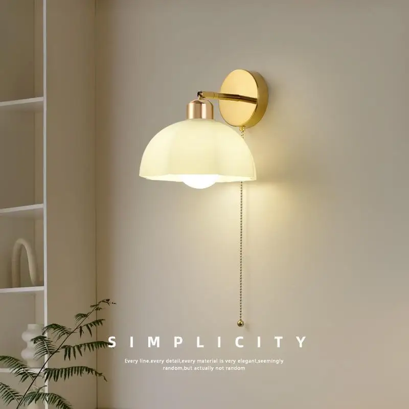 

Wall lamp Nordic light luxury warm cream wind bedside bedroom lamp simple modern with pull wire switch B & B staircase lamp