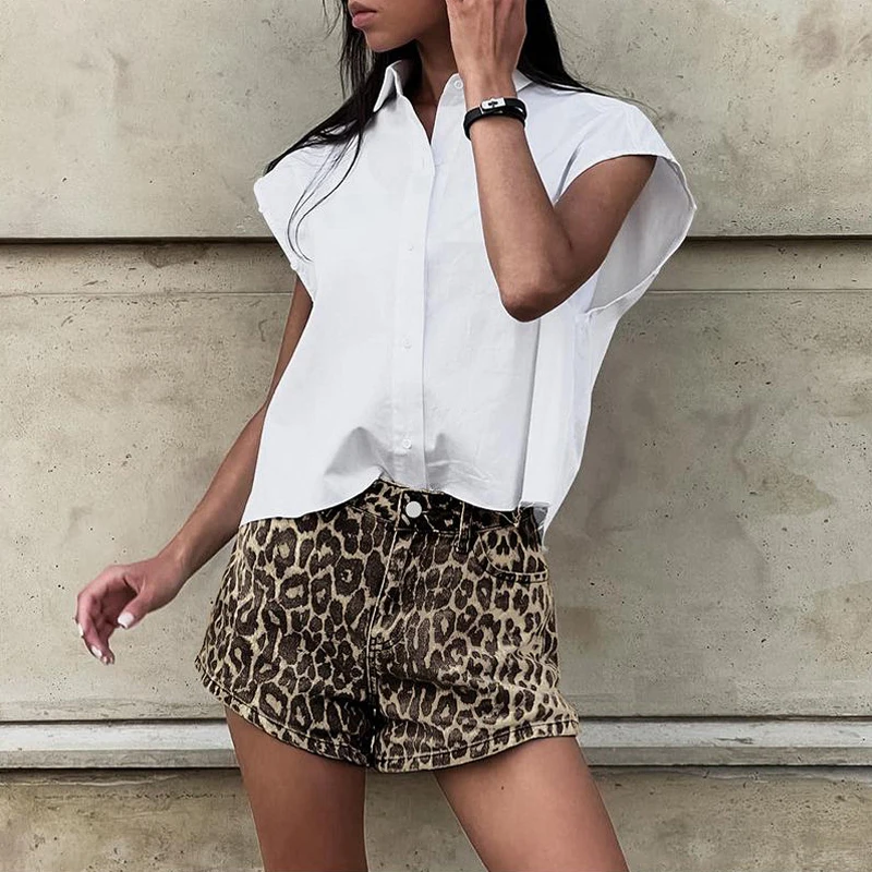 

Leopard Print Jean Shorts Womens Y2k Shorts Fashion Zippers Pocket Female Wide Leg Pants 2024 Spring Summer Street Lady Outwear