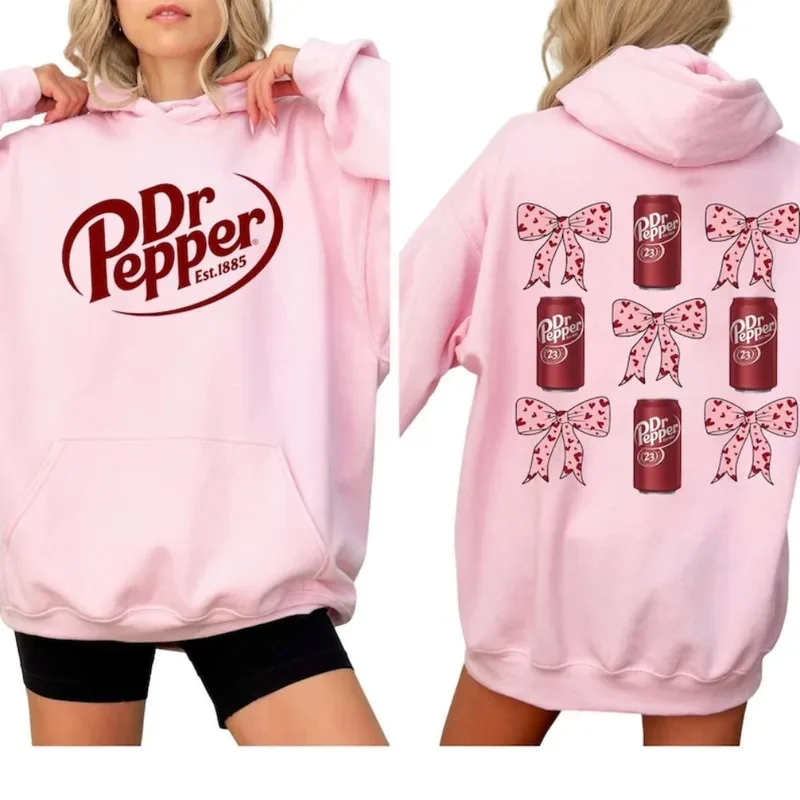 Dr Pepper Can und Bowknot Duplex-Druck Hoodie Retro Soda-Liebhaber Pullover Damen Mode Alltag Streetwear Herbst Winter Oberteile