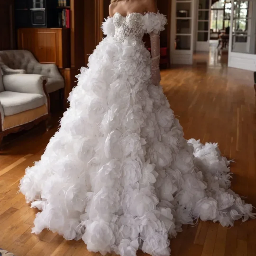 

Romantic Flowers Long Glove Bride Gowns Luxurious Off Shoulder White Satin Wedding Dress Customized