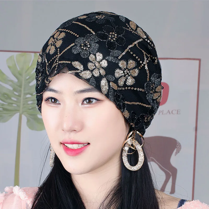 Spring Summer Women Sequins Lace Turban Hat Muslim Headdress Islamic Female Head Scarf Lady Breathable Hair Loss Beanie