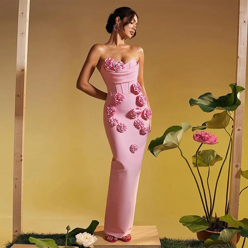 

Women Luxury Pink Party Dress Strapless Appliques Corset Long Bandage Dresses Birthday Celebrity Evening One Piece Prom Gowns