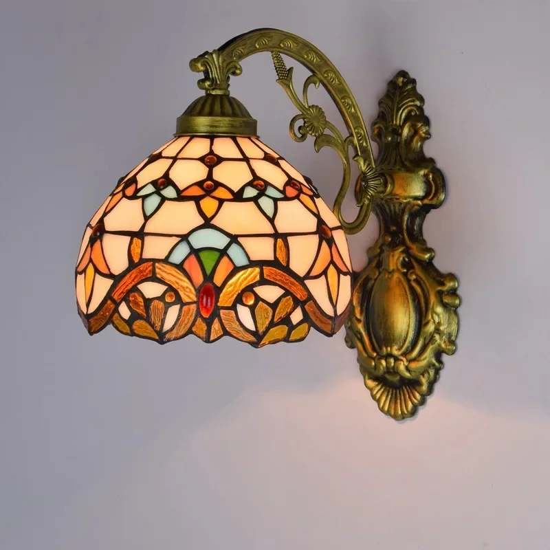 Stained glass retro mirror headlight baroque bedside aisle sunflower single head glazed wall lamp