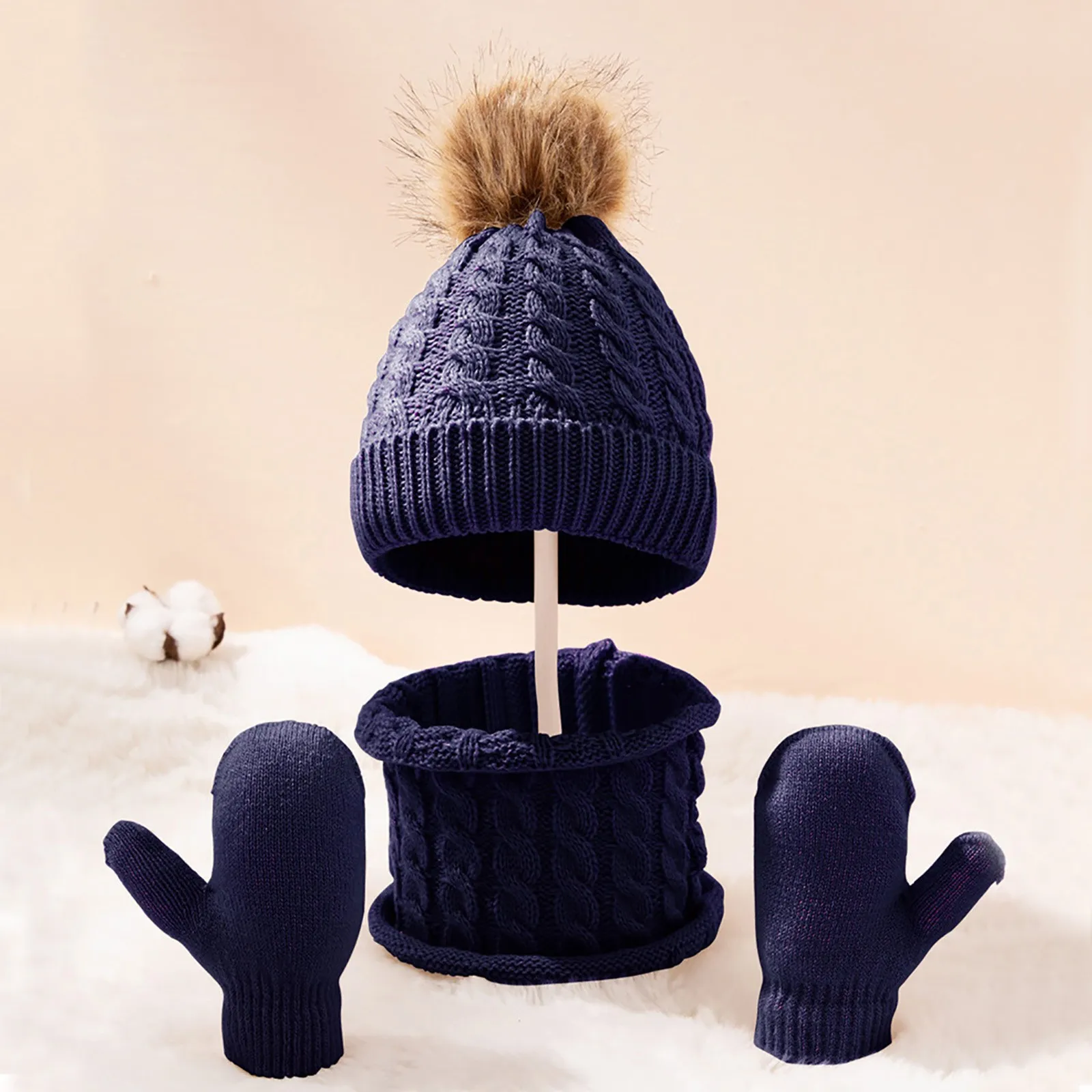 Conjunto de guantes de punto para niños, gorro de invierno, bufanda, mitones, calentador de cuello, lana, al aire libre, cálido, agradable para la piel, 3 piezas por juego