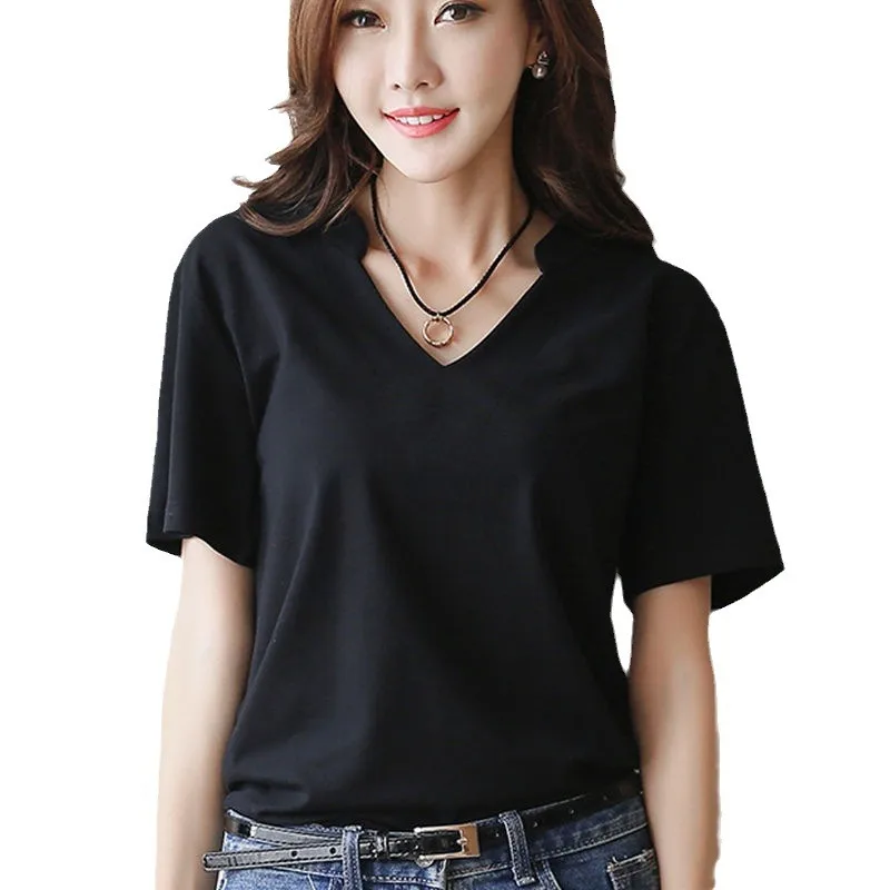 

Women's Summer New Korean Casual Loose Top White V-Neck Short Sleeved T-Shirt Solid Color Bottom T-Shirt