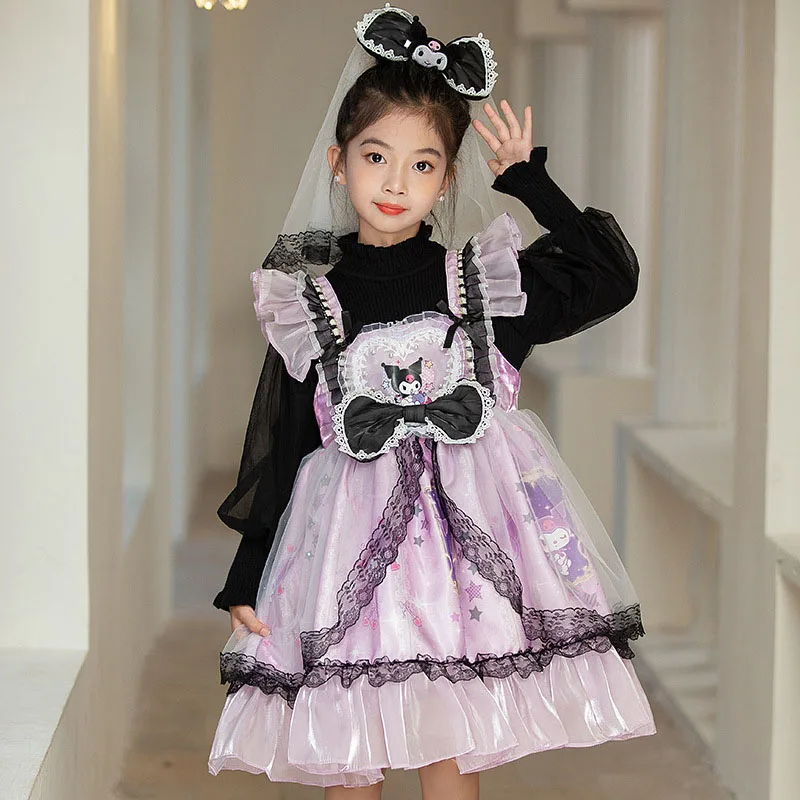 

Детская одежда Kawaii Kuromi женский костюм аниме Sanrio Девочка милая сетчатая юбка с сердцем отправка вуали