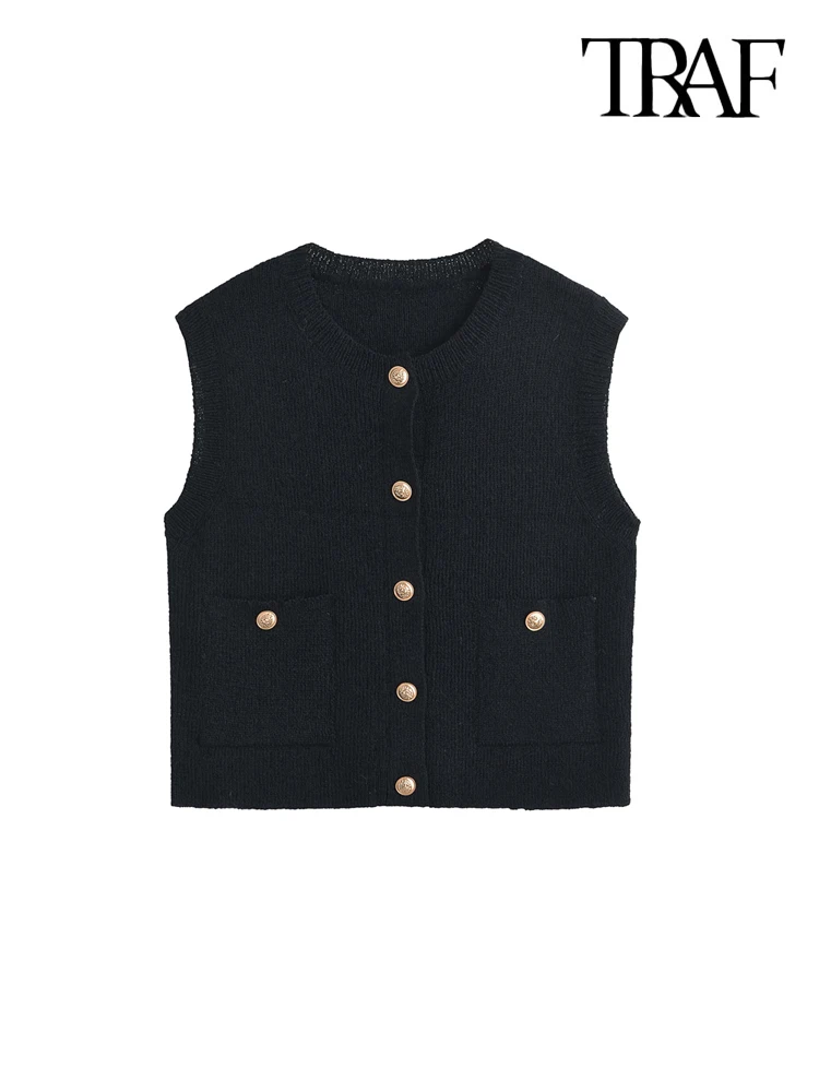 TRAF-Women\'s Front Patch Pockets Knit Vest Sweater, Golden Buttons, O-Neck, Sleeveless, Female Waistcoat, Chic Tops, Fashion