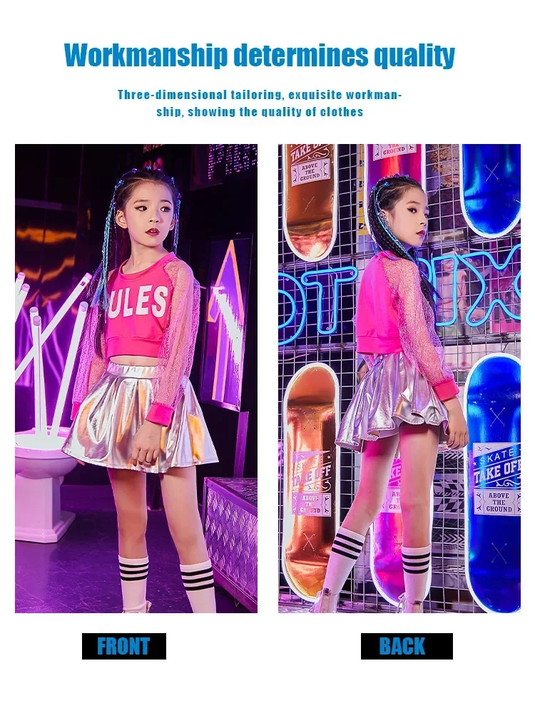 

Holiday Performance Clothes 2 Pcs Pink Silver Color K-pop Outfits Urban Dance Children Clothes Hip-hop Girls Jazz Dance