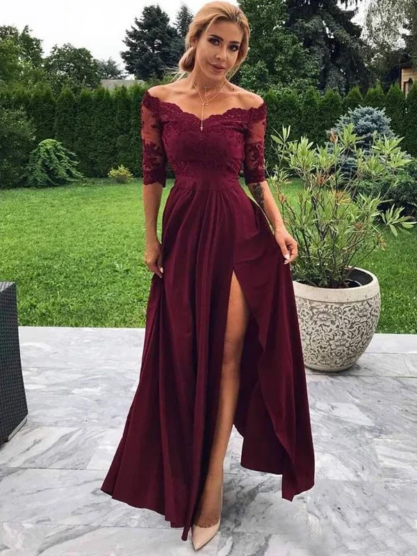 

Elegant Burgundy Off Shoulder Maxi Dress Women New Lace Bodice Half Sleeve High Split Chiffon Formal Evening Party Customized