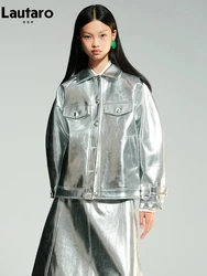 Lautaro Spring Autumn Cool Silver Shiny Patent Faux Leather Jacket Women with Raglan Long Sleeve Luxury Designer Y2K Clothing