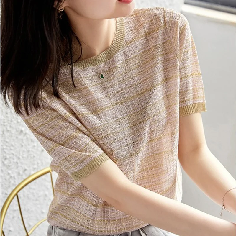 

Women's Knitted Short Sleeve T-Shirt New Summer Style Half Sleeve Striped Contrast Color Loose Round Neck Design Top