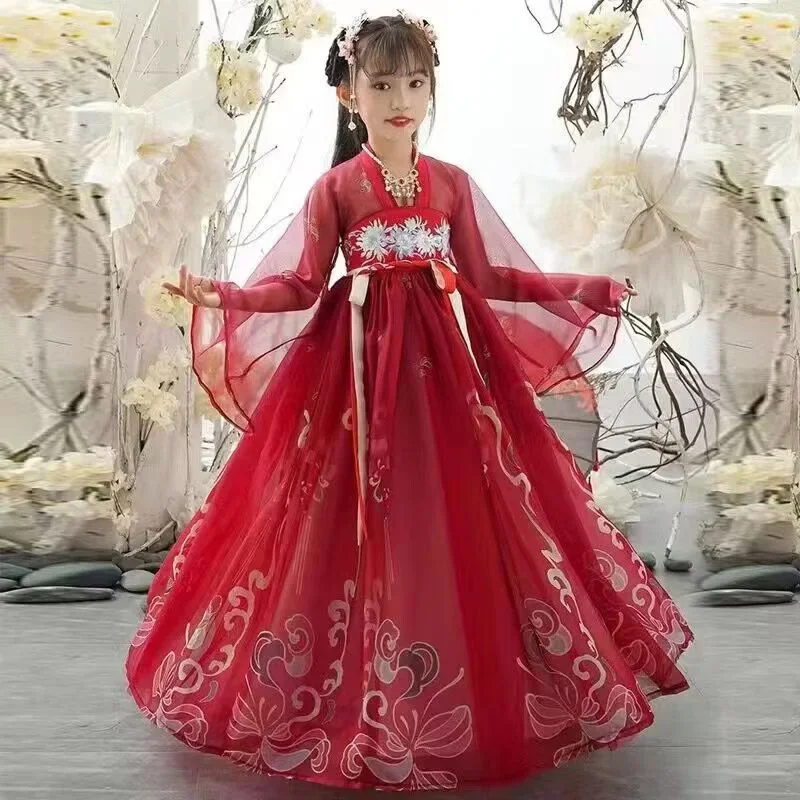 Chinese Hanfu Red Girls' Casual  Dress