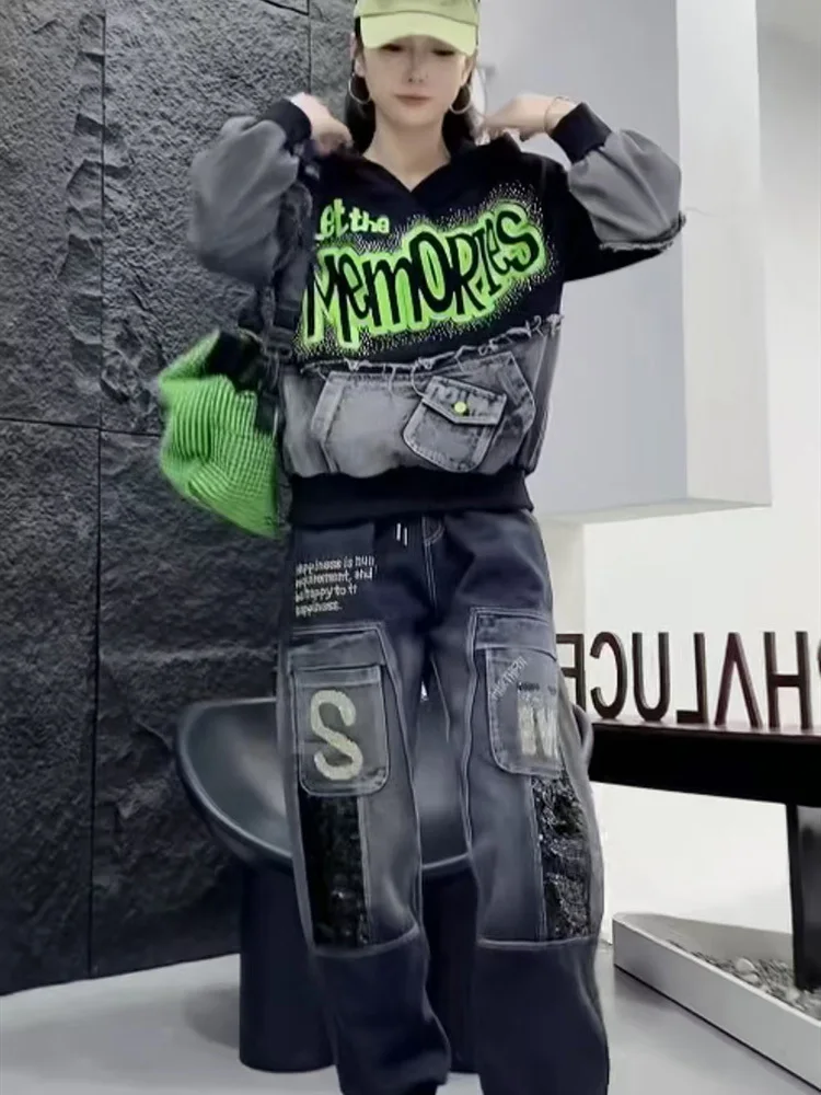 European retro hip-hop style denim suit 2025 spring autumn new style high-end top and Jeans pants two-piece set