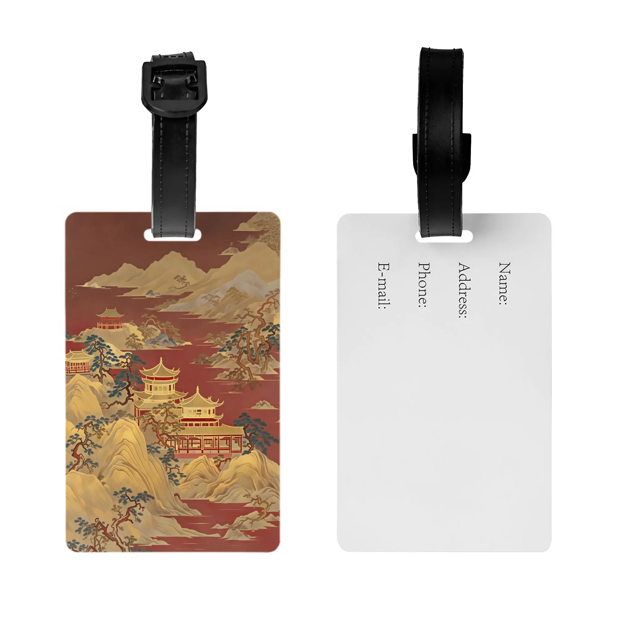 Red Gold Gilded Chinese Mountain Pavilion Zen Luggage Tag for Travel Suitcase  Privacy Cover Name ID Card