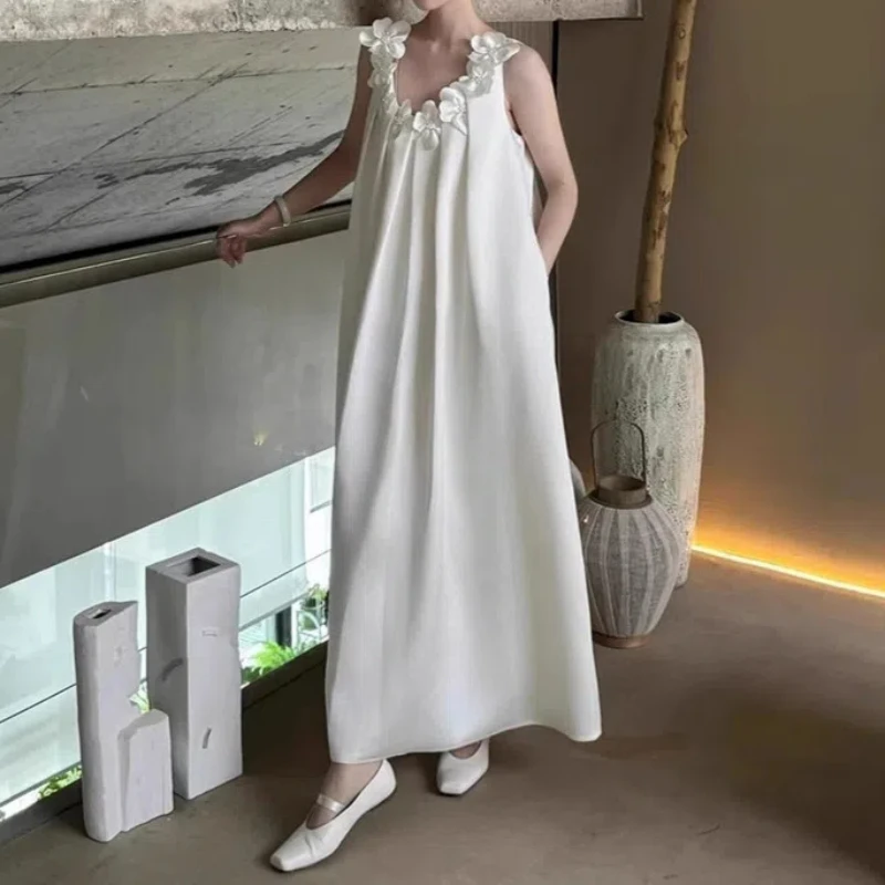 

Fashion New Women's Dress Evening Party Elegant 3D Flower Solid Sleeveless Dresses Femal Elegant Boho Maxi Dress
