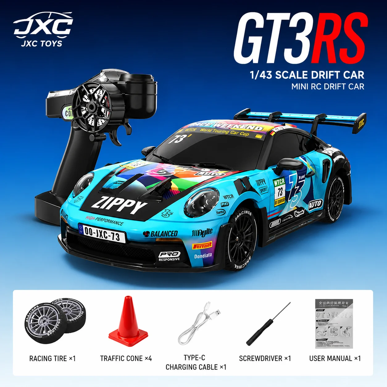 1: 43 GT3RS remote control drift car, high-speed remote control racing car with cool lights, electric drift toy car, boy's gift