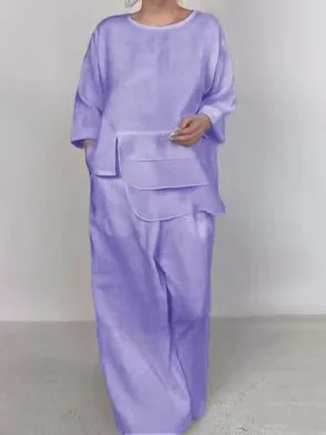 Ensemble décontracté à manches longues et col rond pour femme, pantalon large, haut irrégulier, mode bureau, printemps, automne, 2024, 2 pièces