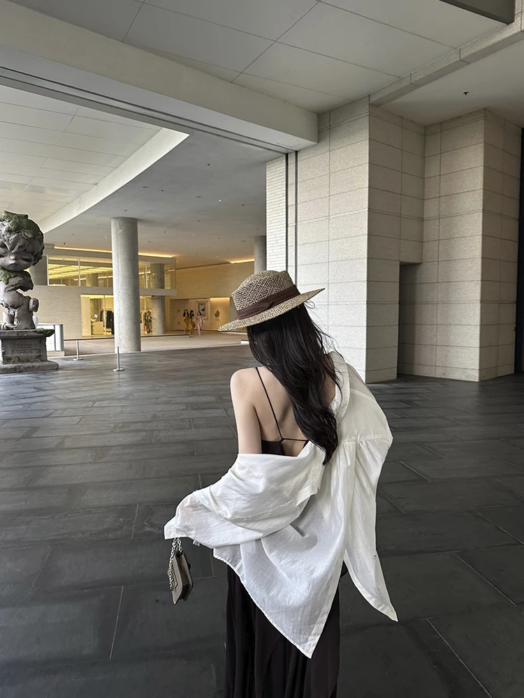 

Classic Loose Women's Silk White irt Long Sve Spring Season Open Ba Sun Protection Long irt Simple Ele Sle