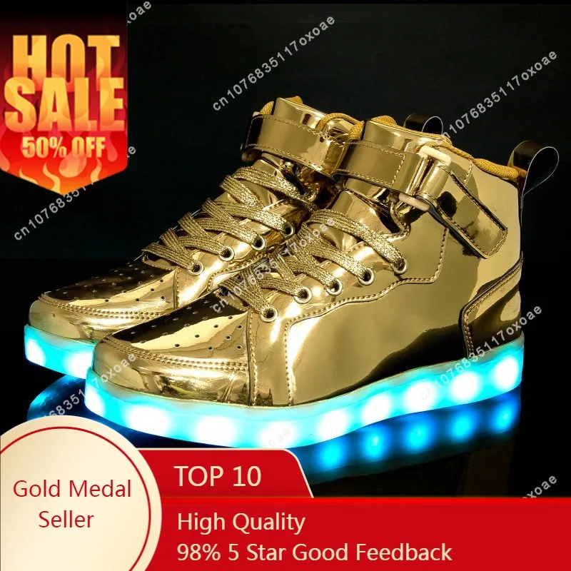 Trump Shoes 2024 MAGA High Top Board Childrens Mens Womens Luminous LED Light Shoes Mirror Leather Panel Sneakers Large 25-46