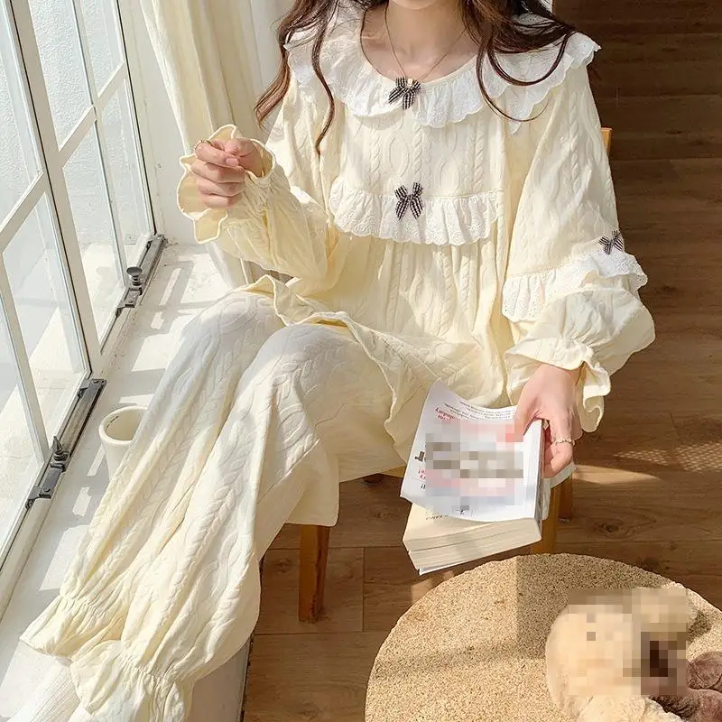Women's Long Sleeved Long Pant Bow Tie Pajama Set Women Autumn Winter New Fashion Princess Style Home Clothe Soft Two-Piece Set