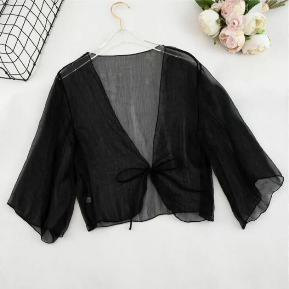 Casual Crinkle Women Cardigan Loose Transparent Thin Section Top Chiffon See Through Short Shawl Small Jacket