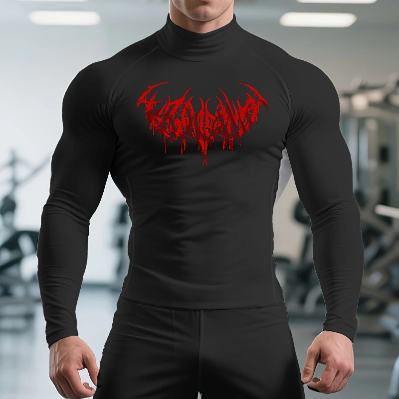 

2026 Men's Gothic Print Quick-Drying Long Sleeve Fitness Workout Stretch Tight Top High Neck Breathable Training T-Shirt S-3XL