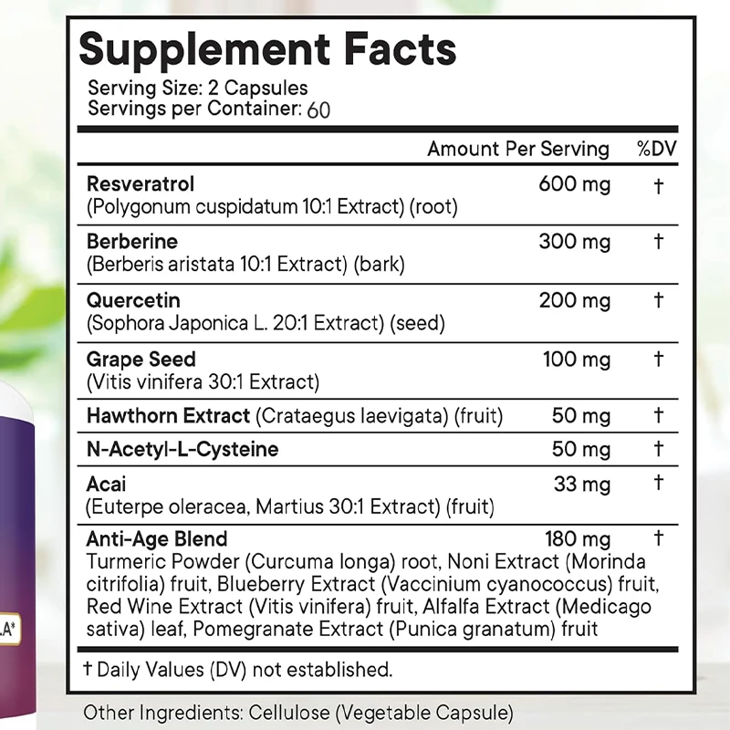 ريسفيراترول، بربري، مستخلص بذور العنب، كويروسيتين (بما في ذلك مستخلص فواكه نوري)، إن أسيتيل سيستين (60 كبسولة) #3