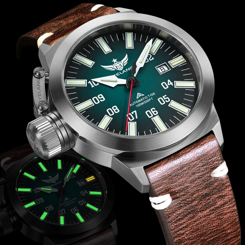 Immagine 5: Orologio Automatico da Uomo YELANG 44MM, Orologio da Polso Meccanico Subacqueo 10ATM Impermeabile, Tubi Luminosi, Zaffiro PT5000, Corona a Sinistra