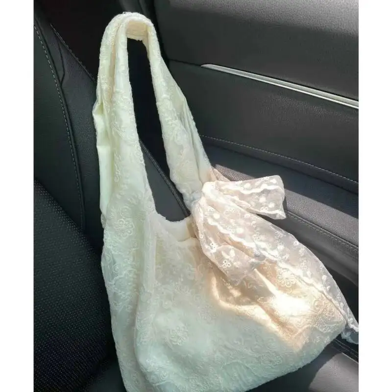 Bloom Fairycore Aesthetic White Handbag Women 2025 Summer Sweet Lace Bow Shoulder Bags Ladies Large Capacity Underarm Bag Y2k