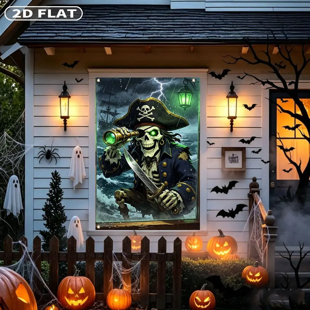 2D FLAT 1pc Party Banner, Halloween Window Cover with Pirate Skeleton With Sword And Telescope On Stormy Sea,122x88cm, Polyester