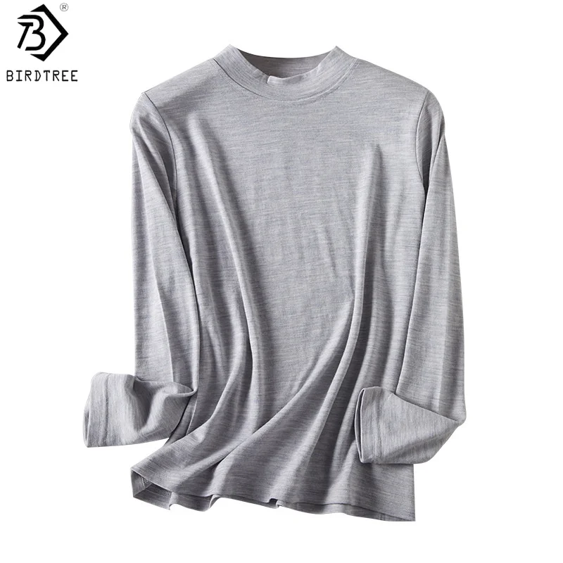 Birdtree, 100% Sheep Wool Basics Undershirt, O-neck Long Sleeve Shirt, Women's Knitted Warmth Blouse, 2026 Winter New T6O401JF
