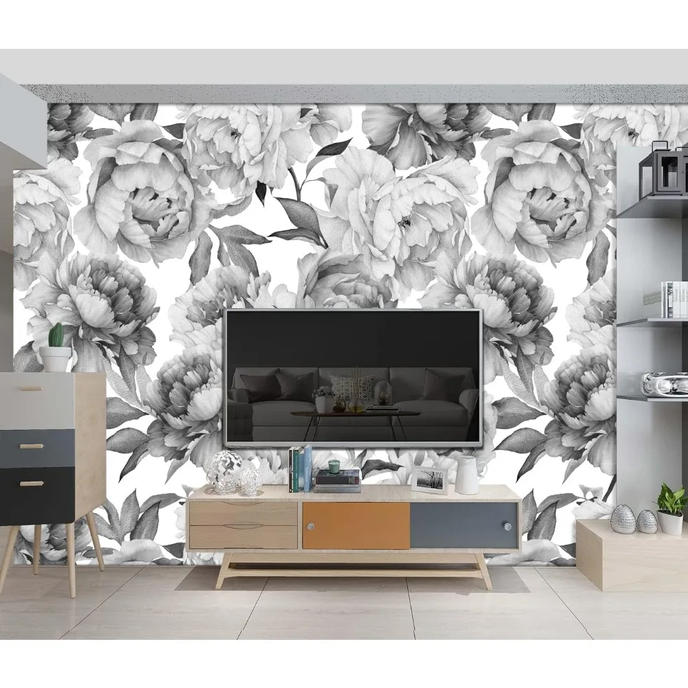 

NEW Grey Peony Floral Wallpaper Bedroom murals Aesthetic Room Decor Living Room tv Background -137"x96" Not Peel and Stick