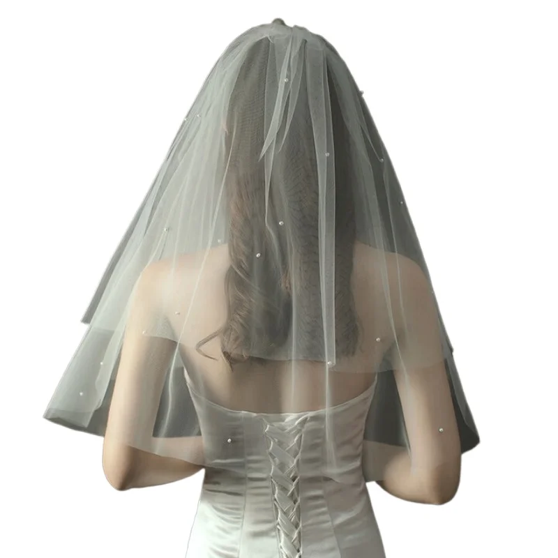 Bridal super fairy high-end fluffy headgear studio photo props plain yarn pearl veil hair comb