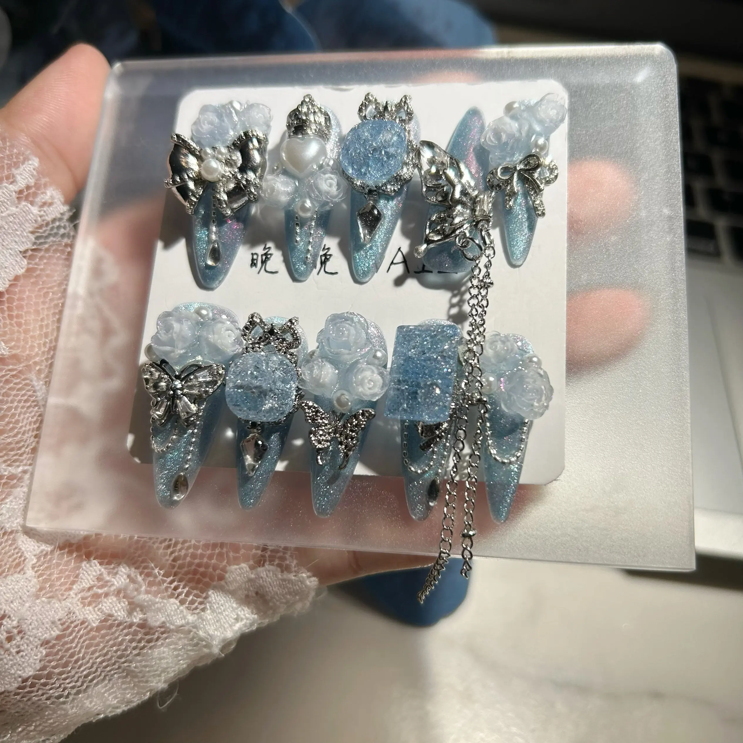 Ice Blue Fairycore Press On Nails Extra Long Stiletto Aurora Glitter 3D Butterfly Rose Heart Chain Heavy Duty Handmade Nail Art