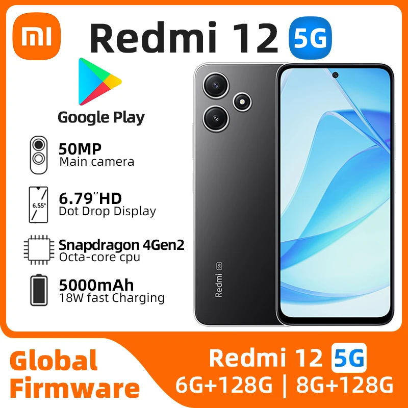 هاتف محمول Redmi 12 الإصدار العالمي 50MP AI كاميرا ثلاثية كبيرة 6.79 بوصة عرض بطارية 5000 مللي أمبير في الساعة 18 وات شحن هاتف مستعمل