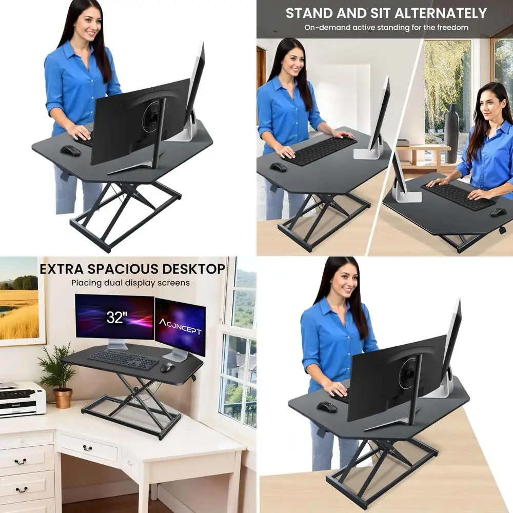 32 inch Black Corner Height Adjustable Standing Desk Converter, One-Click Sit to Stand up Desk Riser, Pre-Assembled for Dual Mon
