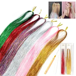 Hipppies femeninos deslumbrantes con oropel brillante, extensiones de cabello de seda arcoíris para sombreros trenzados, longitud de 120 cm, hebras 150/paquete