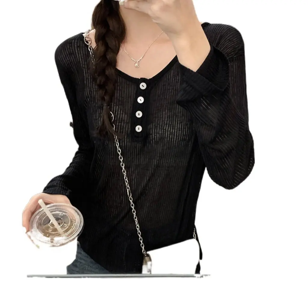 

Women's Backless Lace-Up Thin T-Shirt European Style Summer Micro-Through Buckle Sunscreen Air Conditioning Cover Top for Girls