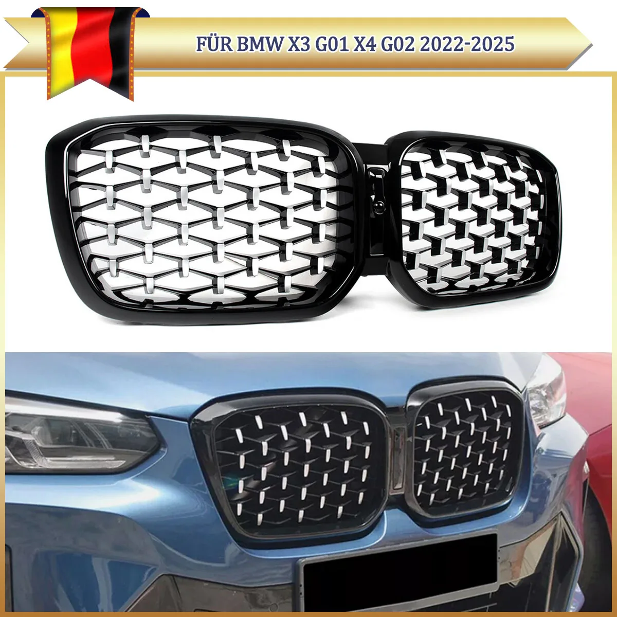 

Diamond Look для BMW X3 G01 X4 G02 2022 2023 2024, решетка переднего бампера M40i sDrive20i M, спортивные центральные решетки, сетка