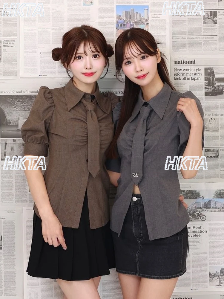 

Japanese Style New Sweet Slim Fit Tie Single Breasted Gray Plaid Blouse Girls Polo Collar Bubble Short Sleeved Shirt Tops Women