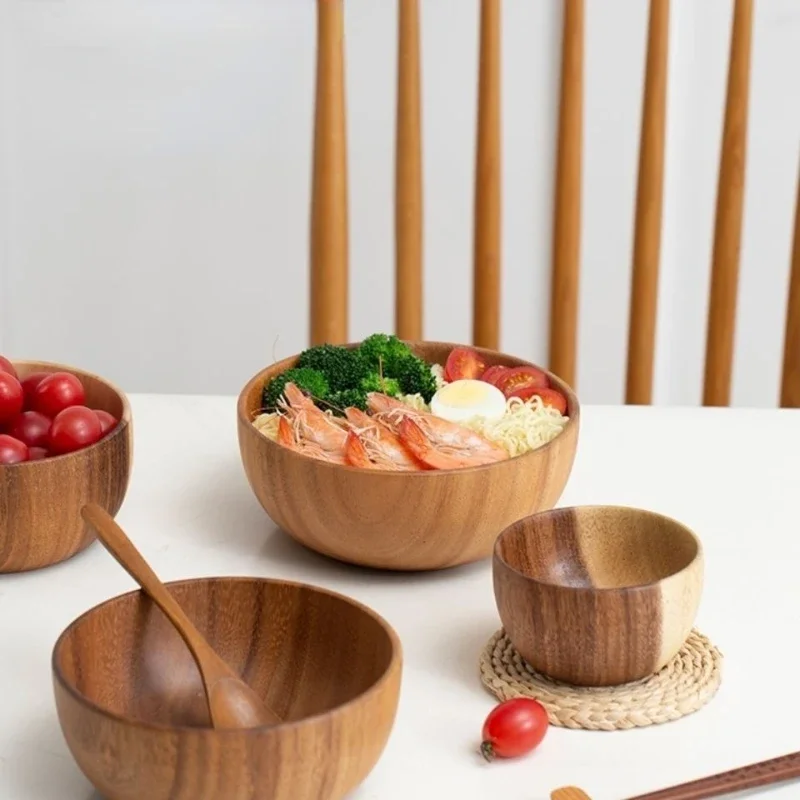 Household Solid Wood Bowl Japanese Acacia Wood Salad Mixing Wooden Basin Kneading Solid Wood Bowl Wooden Tableware Ramen Bowl