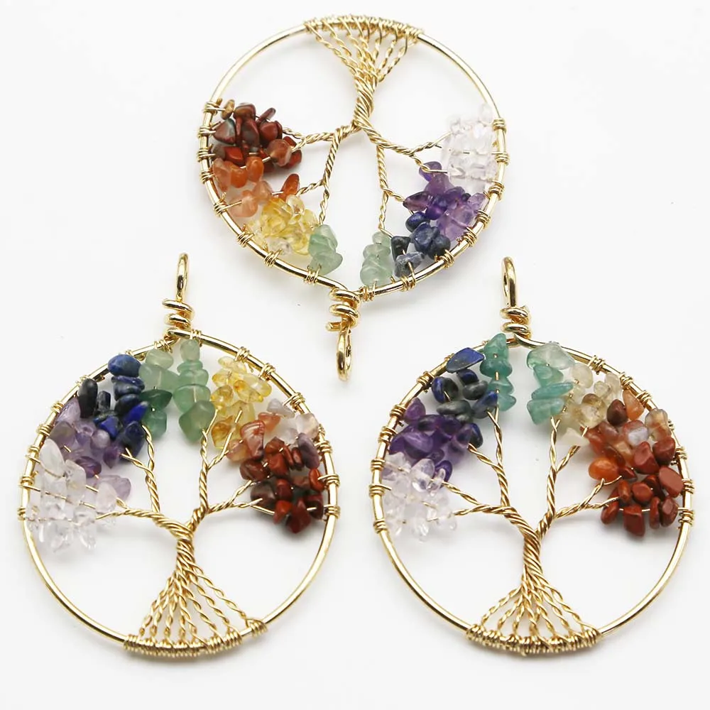 Natural Stone Round Fortune Colorful Crystal Life Tree Pendant Necklace Reiki Charms DIY Jewelry Accessories Gift Wholesale 8Pcs