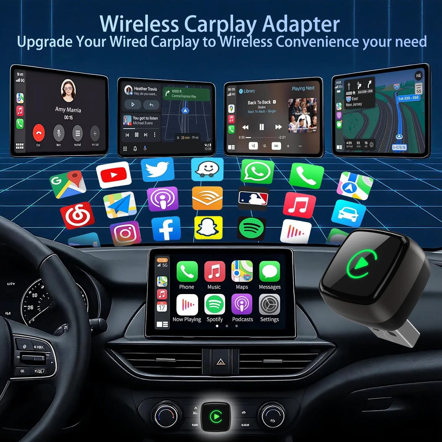 2-in-1 WIreless Car Play/Android Auto Adapter,Plug & Play CarPlay Mini Adapter Fast Auto Connection for iPhone & Android