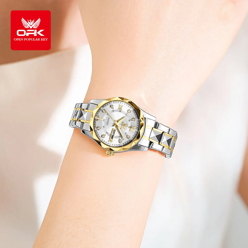 OPK Women Watches 6023L Elegant Fashion Original Quartz Watch for Lady Waterproof Stainless Steel Strap Small Dial Luminous Date